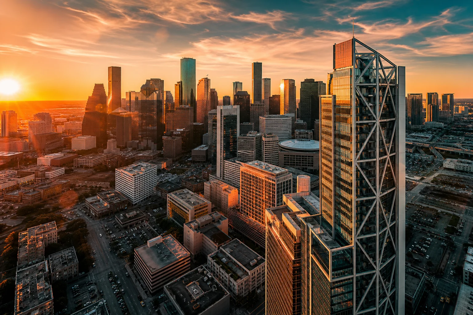 Houston downtown skyline at golden hour — Juggatech home base