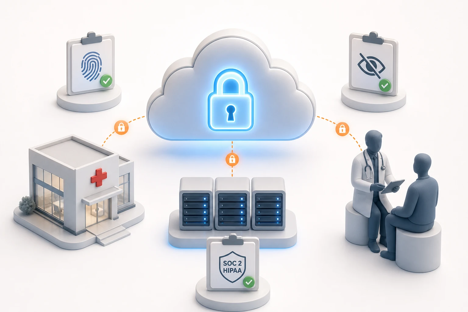 HIPAA Compliant Cloud architecture: encrypted data flow between medical clinic, cloud servers, doctor and patient with SOC2 and HIPAA compliance badges
