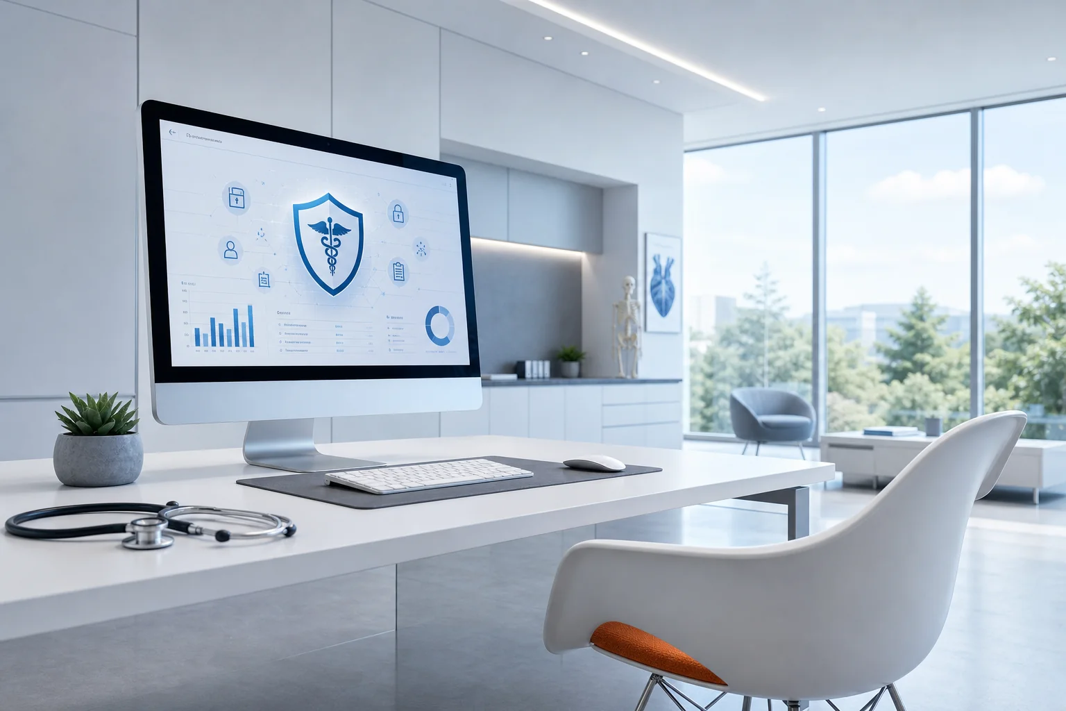 Healthcare IT compliance workspace with secure servers